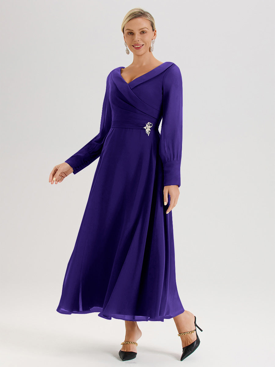 Cicinia Robe Longue Mère De La Mariée En Régence Décolleté En V Manches Longues Trapèze En Mousseline