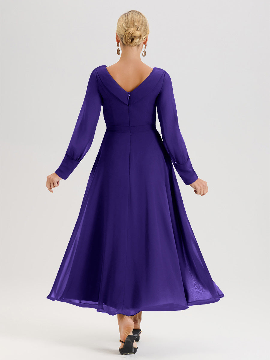 Cicinia Robe Longue Mère De La Mariée En Régence Décolleté En V Manches Longues Trapèze En Mousseline