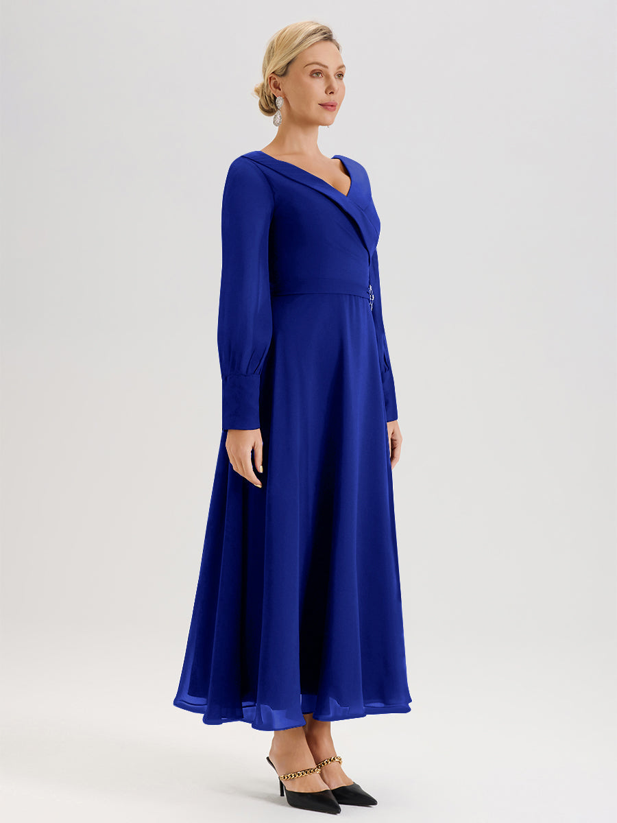 Cicinia Robe Longue Mère De La Mariée Bleu Royal Décolleté En V Manches Longues Trapèze En Mousseline