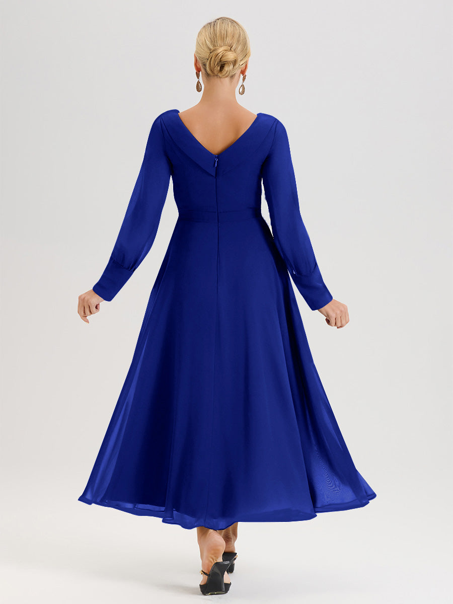 Cicinia Robe Longue Mère De La Mariée Bleu Royal Décolleté En V Manches Longues Trapèze En Mousseline