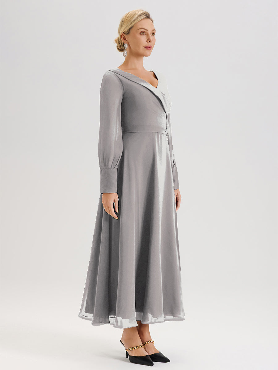Cicinia Robe Longue Mère De La Mariée Argenté Décolleté En V Manches Longues Trapèze En Mousseline