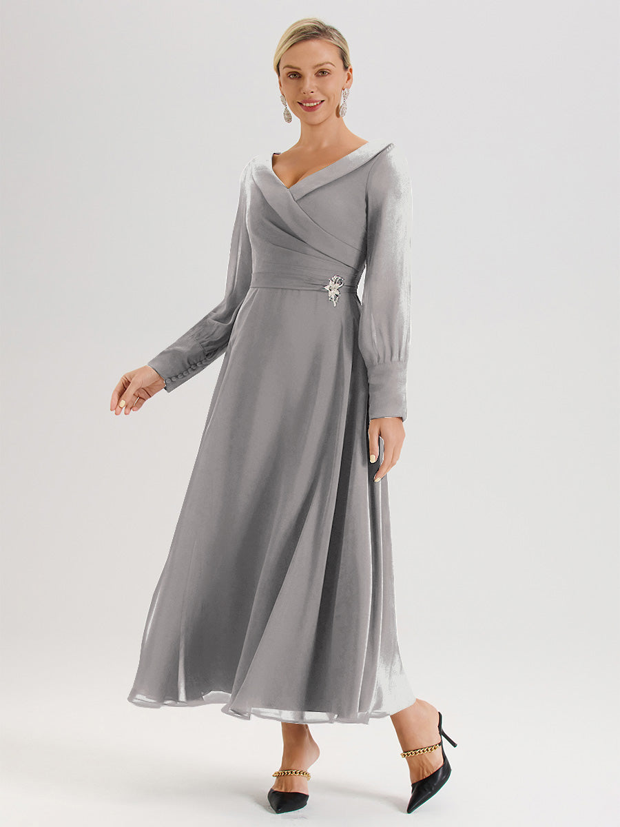 Cicinia Robe Longue Mère De La Mariée Argenté Décolleté En V Manches Longues Trapèze En Mousseline