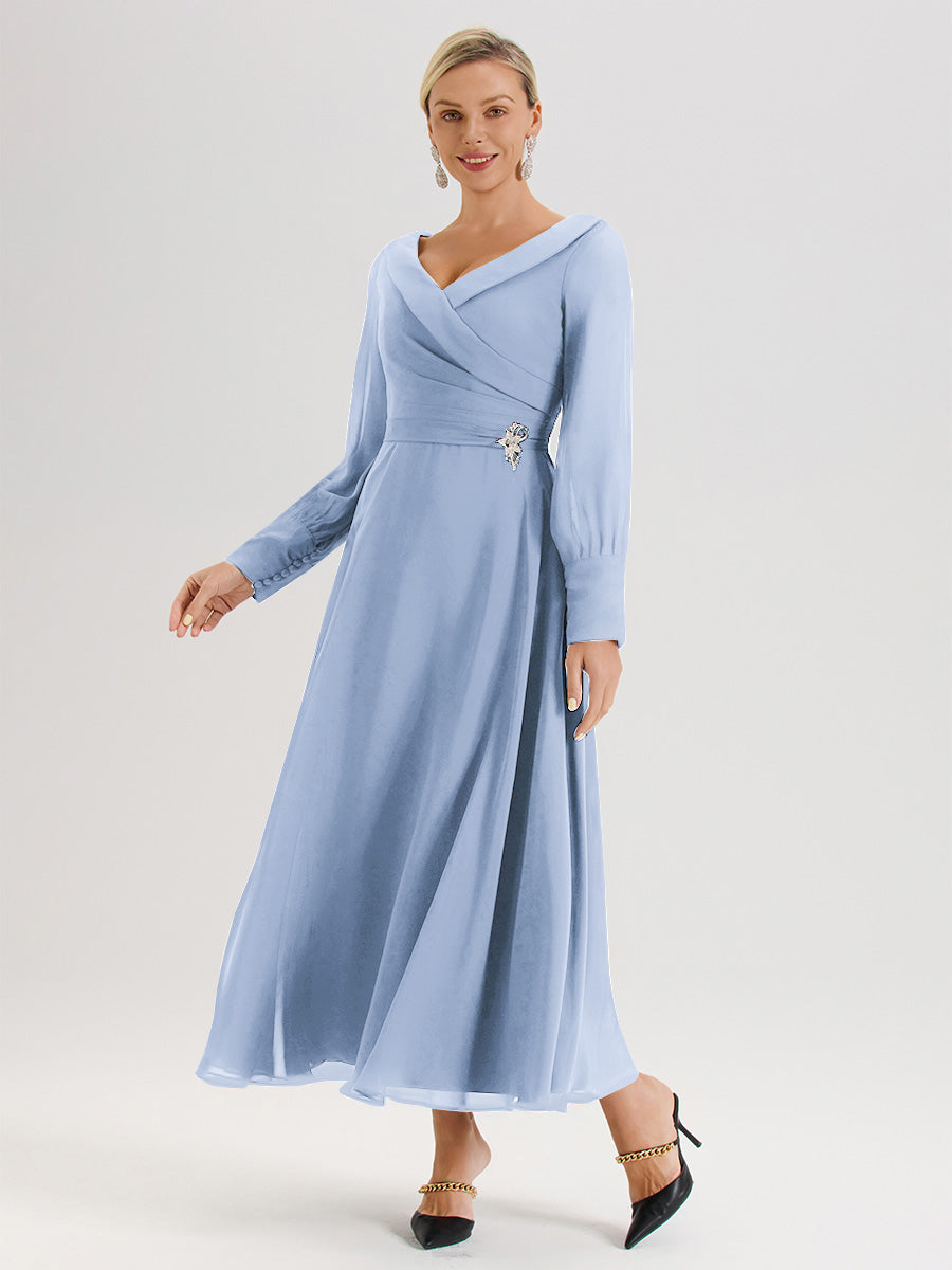 Cicinia Robe Longue Mère De La Mariée Bleu Ciel Décolleté En V Manches Longues Trapèze En Mousseline