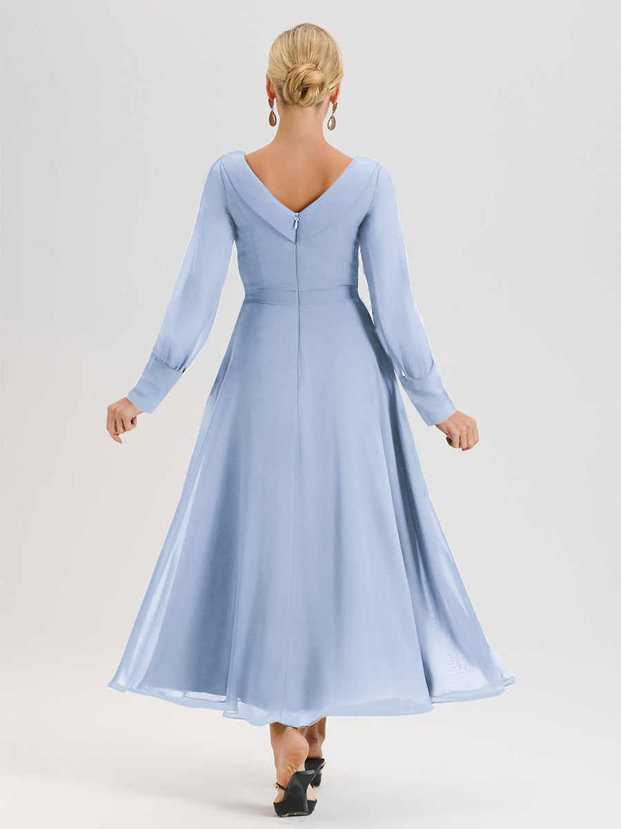 Cicinia Robe Longue Mère De La Mariée Bleu Ciel Décolleté En V Manches Longues Trapèze En Mousseline
