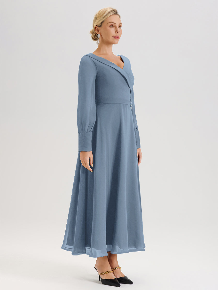 Cicinia Robe Longue Mère De La Mariée Bleu De Schiste Décolleté En V Manches Longues Trapèze En Mousseline
