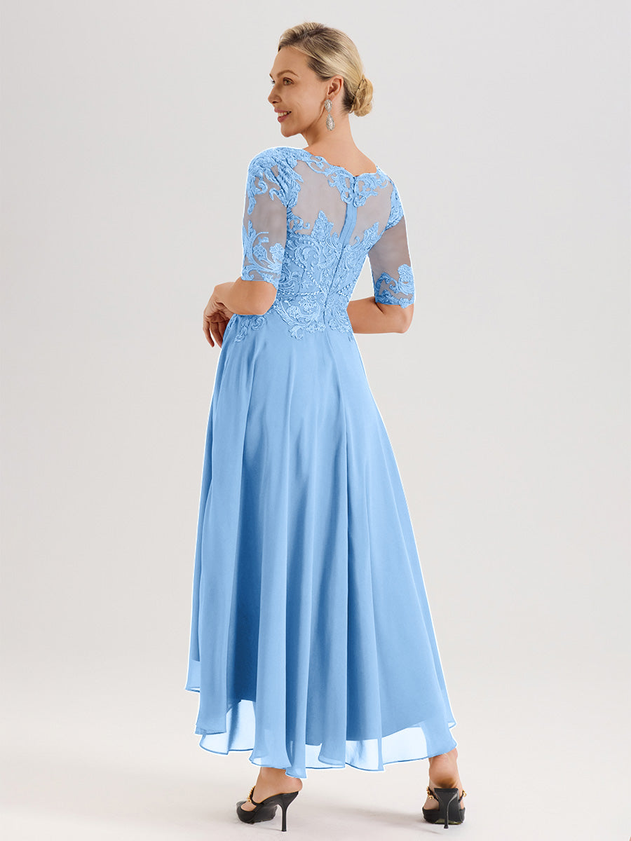 Cicinia Robe Mère Du Marié Bleu En Mousseline Dentelle Col Rond Demi-Manche Ourlet Irrégulier