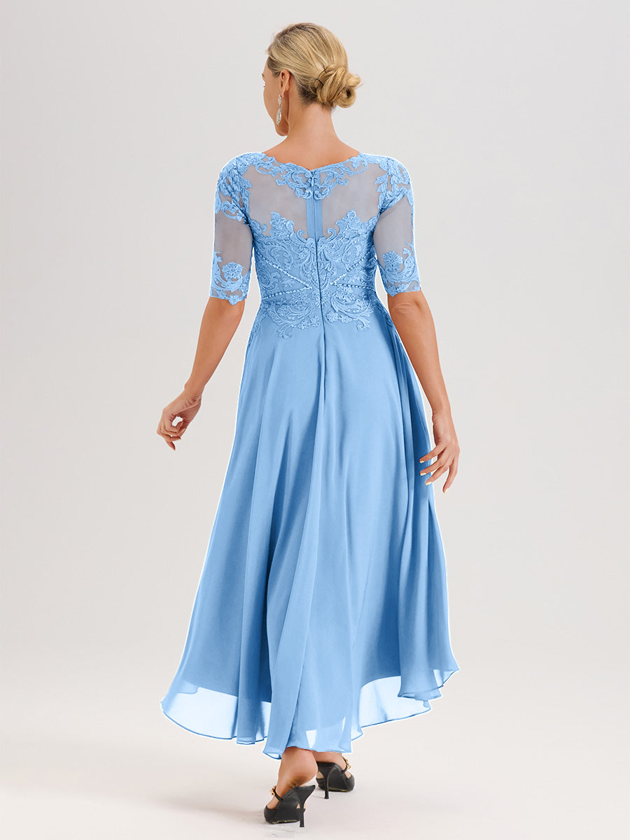 Cicinia Robe Mère Du Marié Bleu En Mousseline Dentelle Col Rond Demi-Manche Ourlet Irrégulier