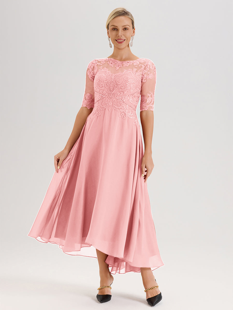Cicinia Robe Mère Du Marié En Rose En Mousseline Dentelle Col Rond Demi-Manche Ourlet Irrégulier