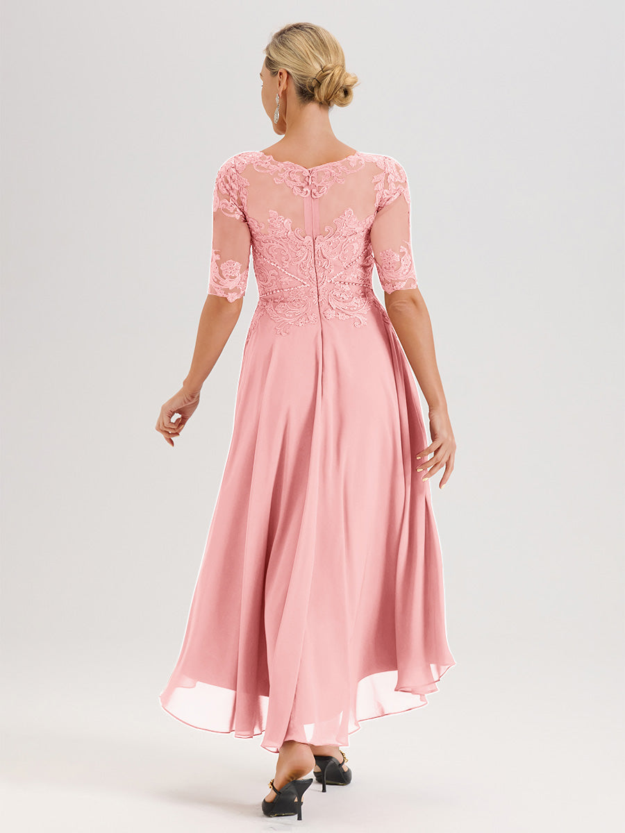 Cicinia Robe Mère Du Marié En Rose En Mousseline Dentelle Col Rond Demi-Manche Ourlet Irrégulier