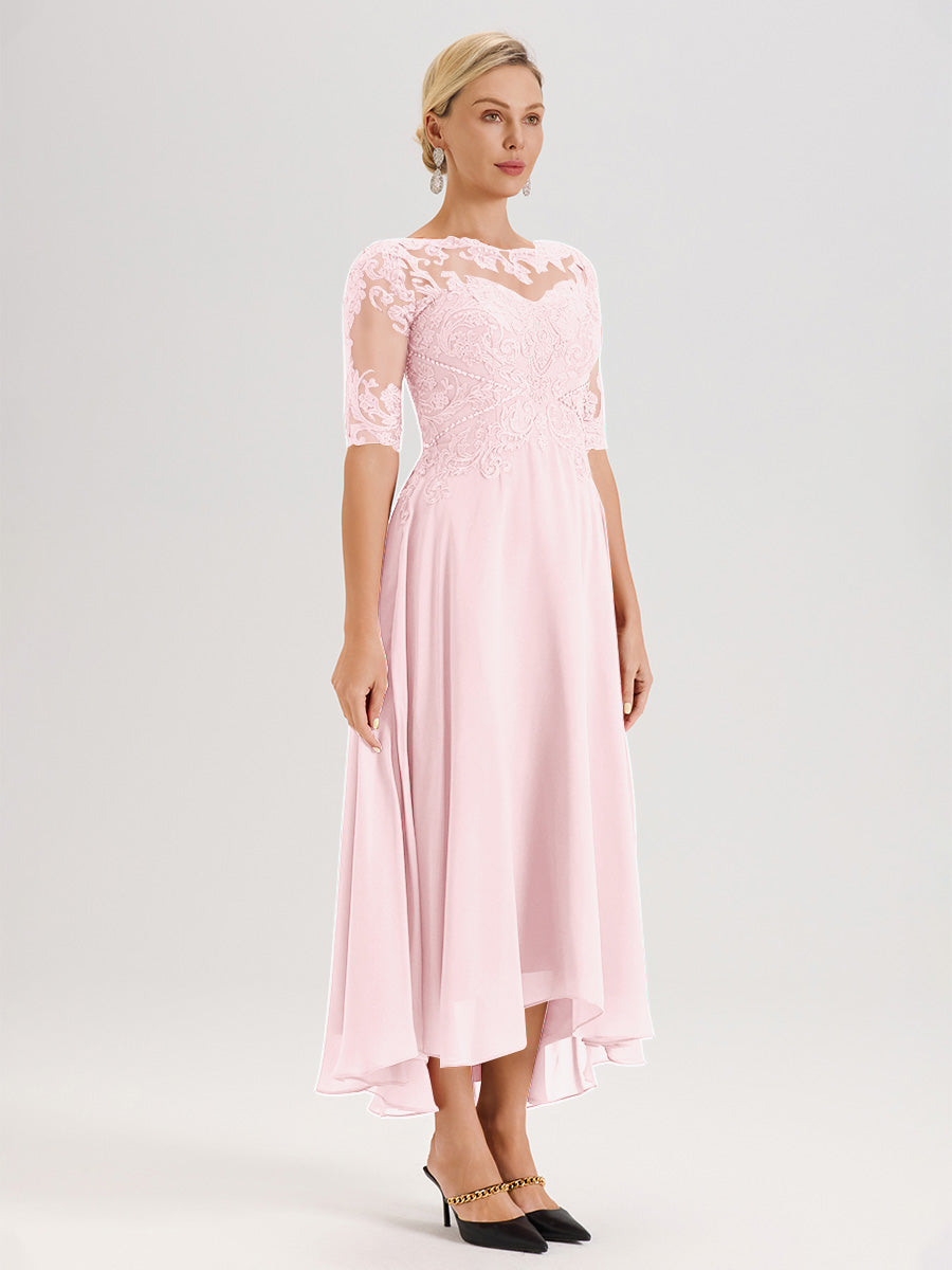 Cicinia Robe Mère Du Marié Rose Pale En Mousseline Dentelle Col Rond Demi-Manche Ourlet Irrégulier