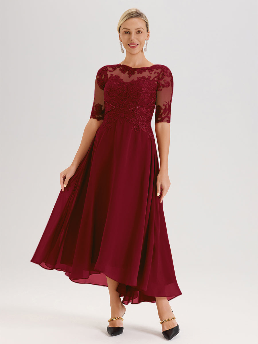 Cicinia Robe Mère Du Marié Rouge Bordeaux En Mousseline Dentelle Col Rond Demi-Manche Ourlet Irrégulier