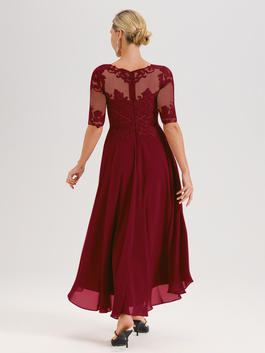 Cicinia Robe Mère Du Marié Rouge Bordeaux En Mousseline Dentelle Col Rond Demi-Manche Ourlet Irrégulier