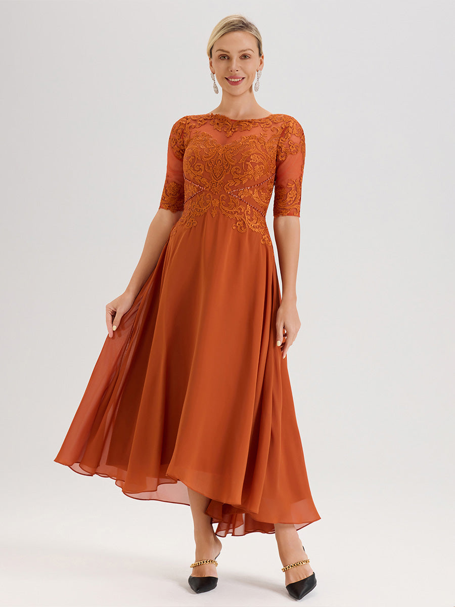 Cicinia Robe Mère Du Marié Orange Brûlé En Mousseline Dentelle Col Rond Demi-Manche Ourlet Irrégulier