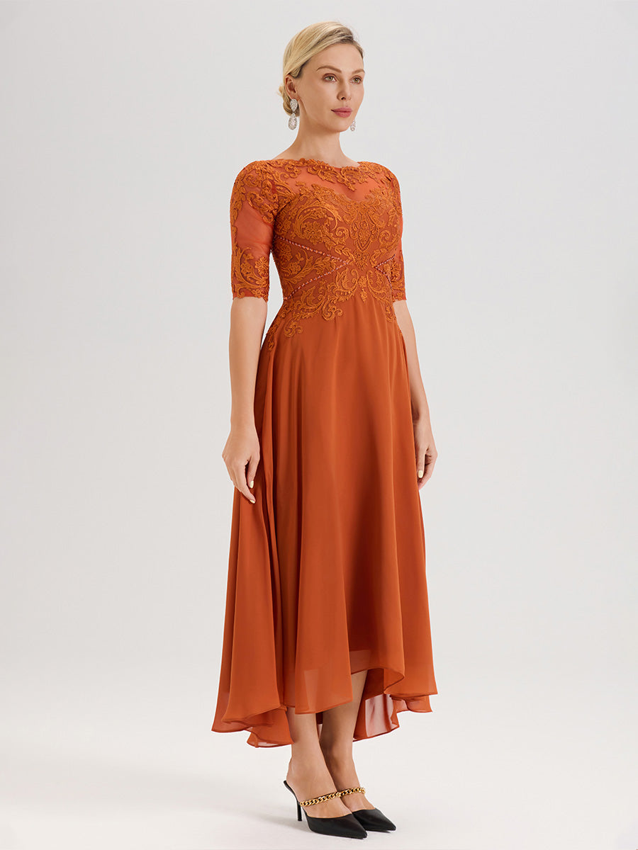 Cicinia Robe Mère Du Marié Orange Brûlé En Mousseline Dentelle Col Rond Demi-Manche Ourlet Irrégulier