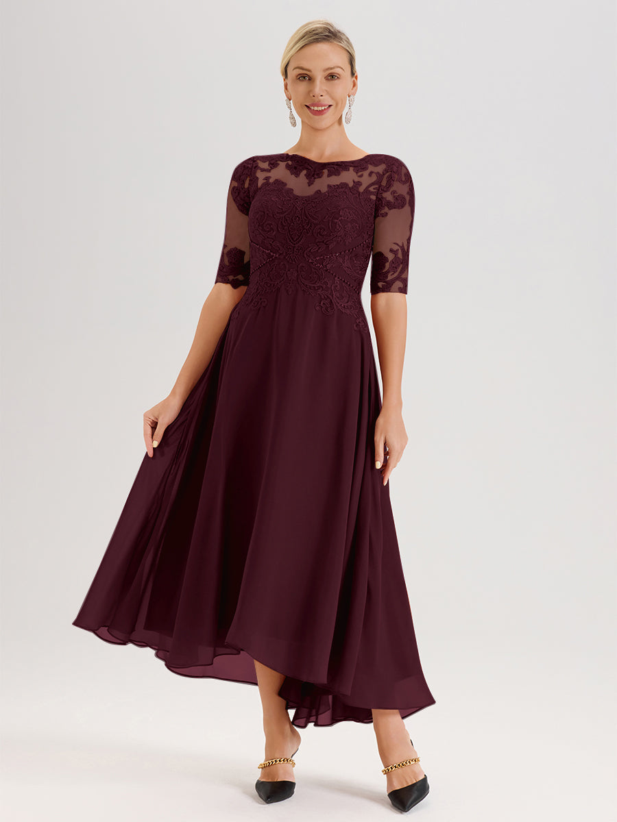 Cicinia Robe Mère Du Marié Cabernet En Mousseline Dentelle Col Rond Demi-Manche Ourlet Irrégulier