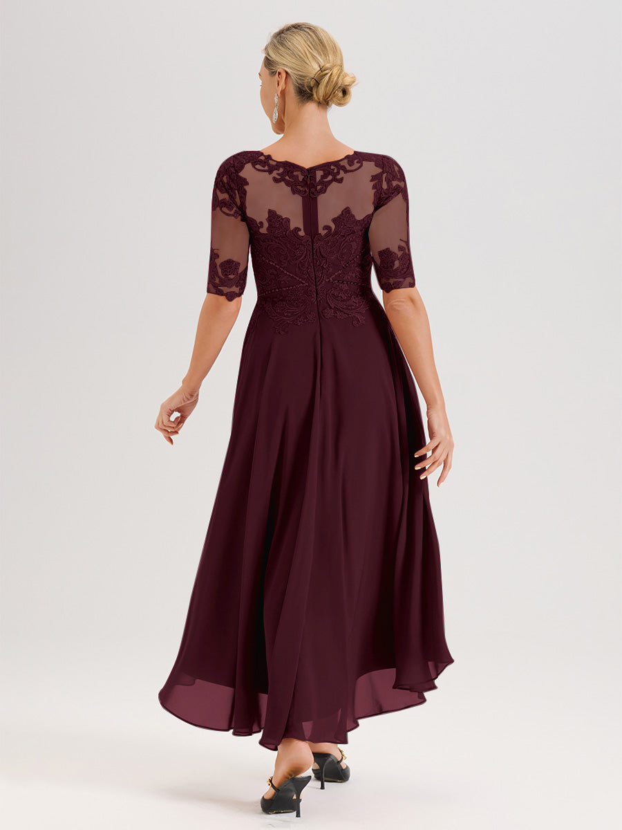 Cicinia Robe Mère Du Marié Cabernet En Mousseline Dentelle Col Rond Demi-Manche Ourlet Irrégulier