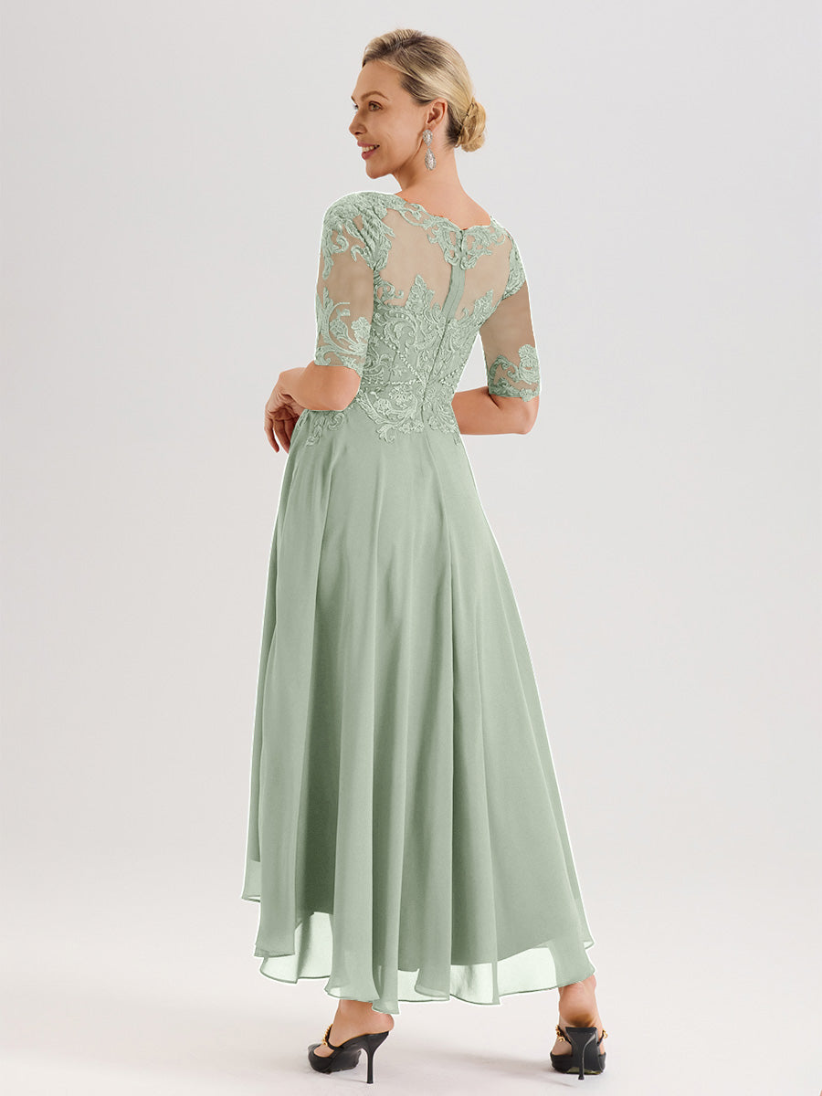 Cicinia Robe Mère Du Marié Celadon En Mousseline Dentelle Col Rond Demi-Manche Ourlet Irrégulier