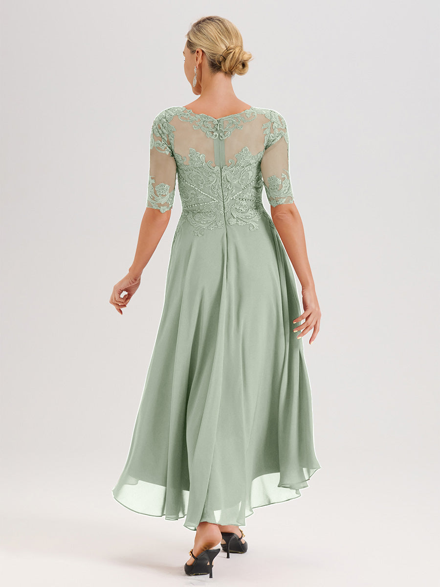 Cicinia Robe Mère Du Marié Celadon En Mousseline Dentelle Col Rond Demi-Manche Ourlet Irrégulier
