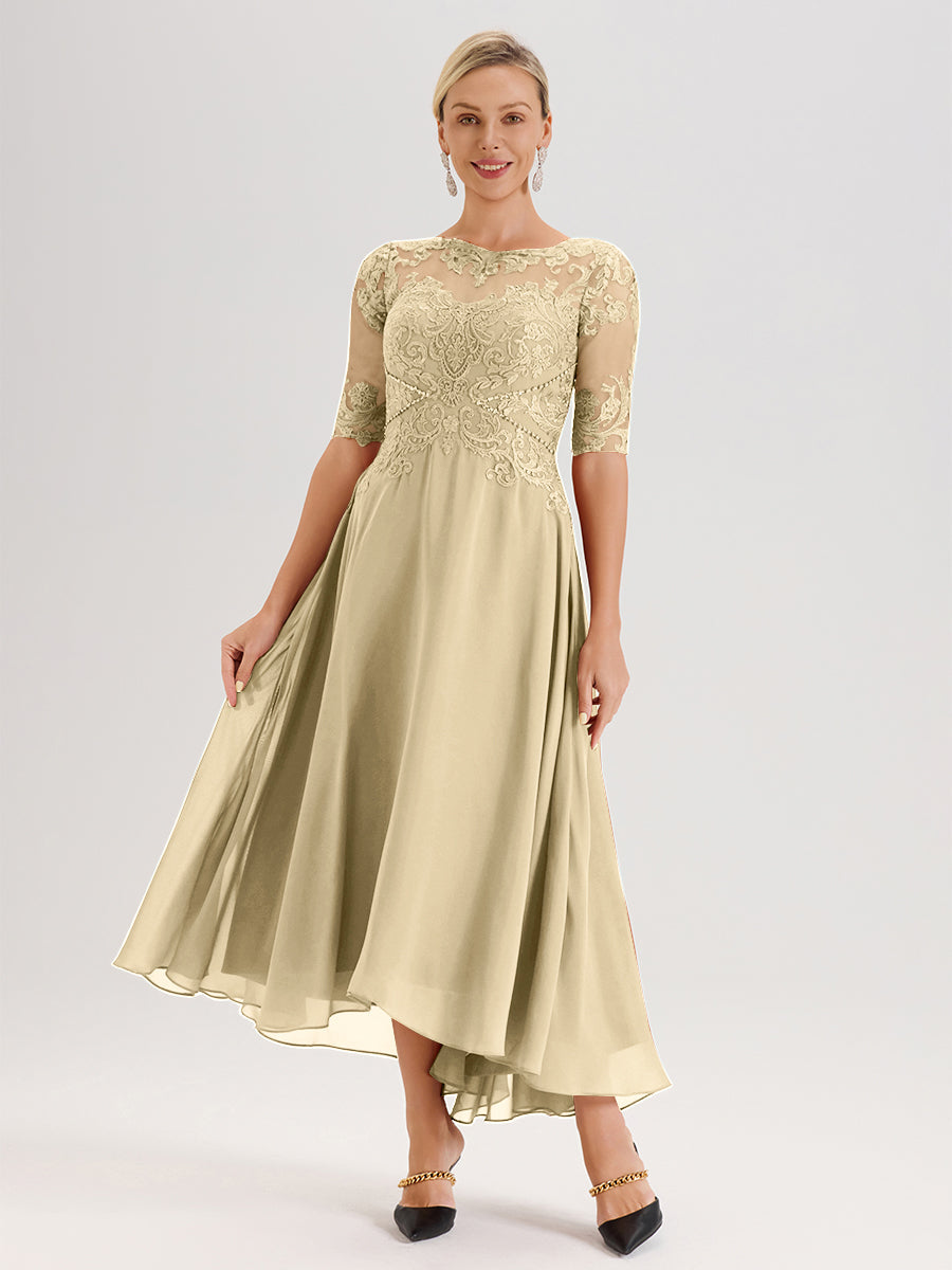 Cicinia Robe Mère Du Marié Couleur Champagne En Mousseline Dentelle Col Rond Demi-Manche Ourlet Irrégulier