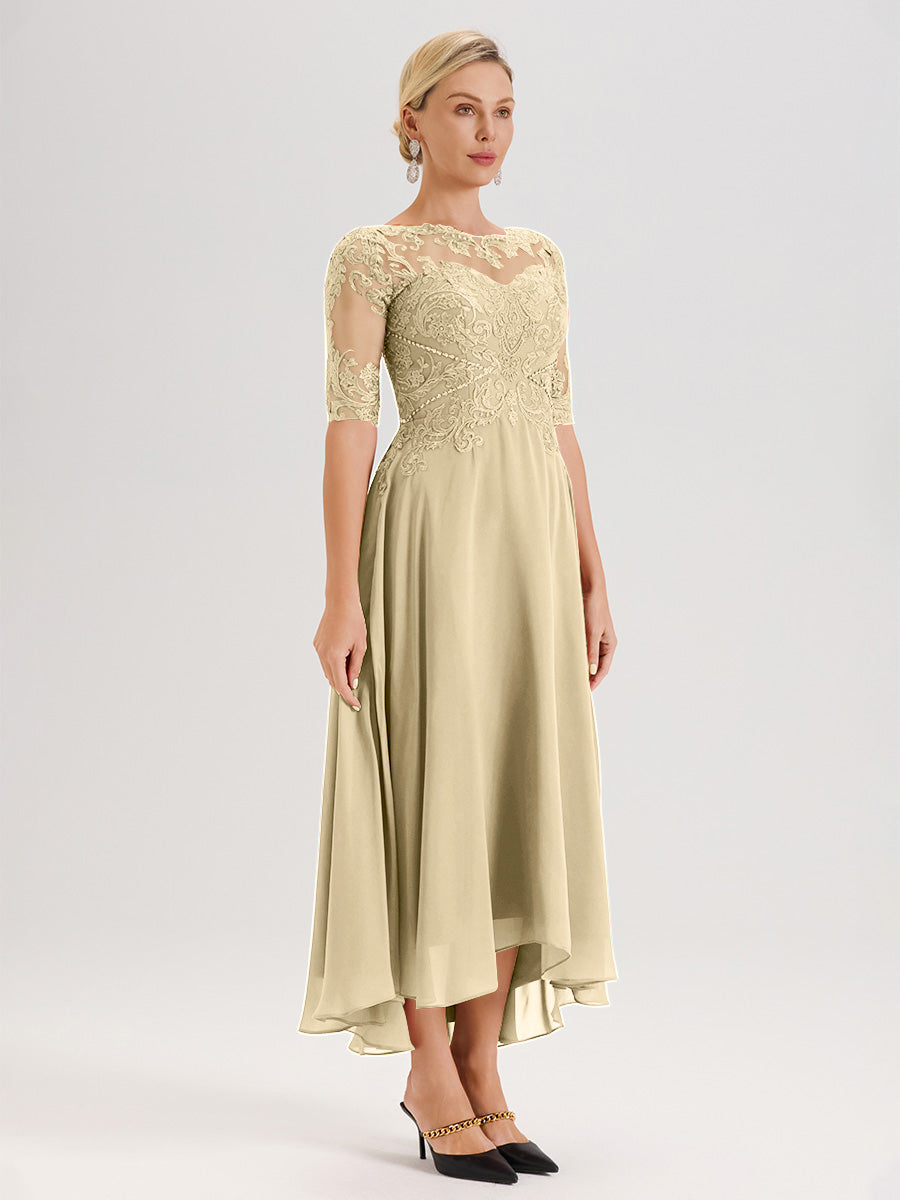 Cicinia Robe Mère Du Marié Couleur Champagne En Mousseline Dentelle Col Rond Demi-Manche Ourlet Irrégulier