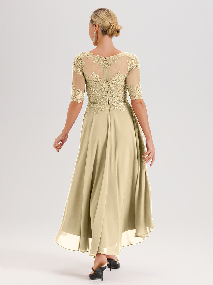 Cicinia Robe Mère Du Marié Couleur Champagne En Mousseline Dentelle Col Rond Demi-Manche Ourlet Irrégulier