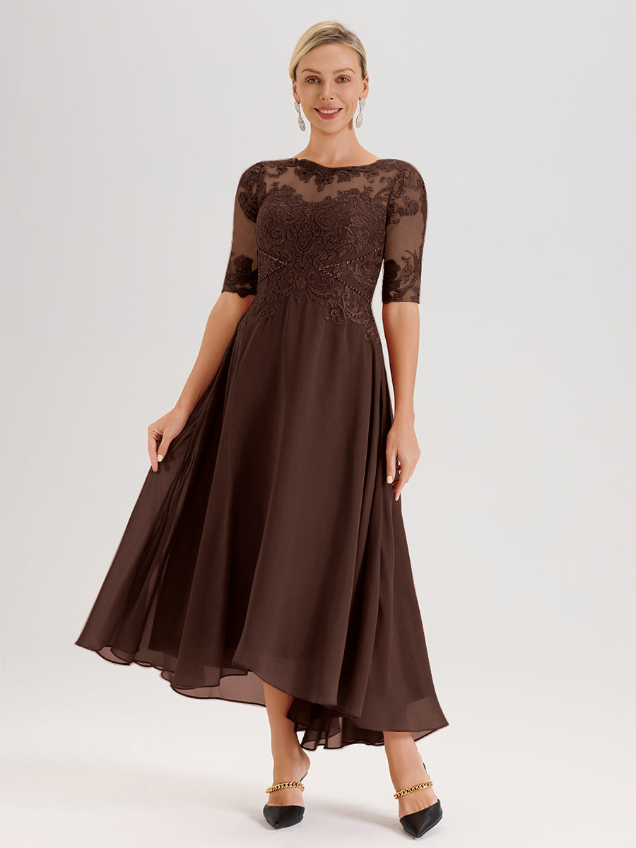 Cicinia Robe Mère Du Marié Chocolat En Mousseline Dentelle Col Rond Demi-Manche Ourlet Irrégulier