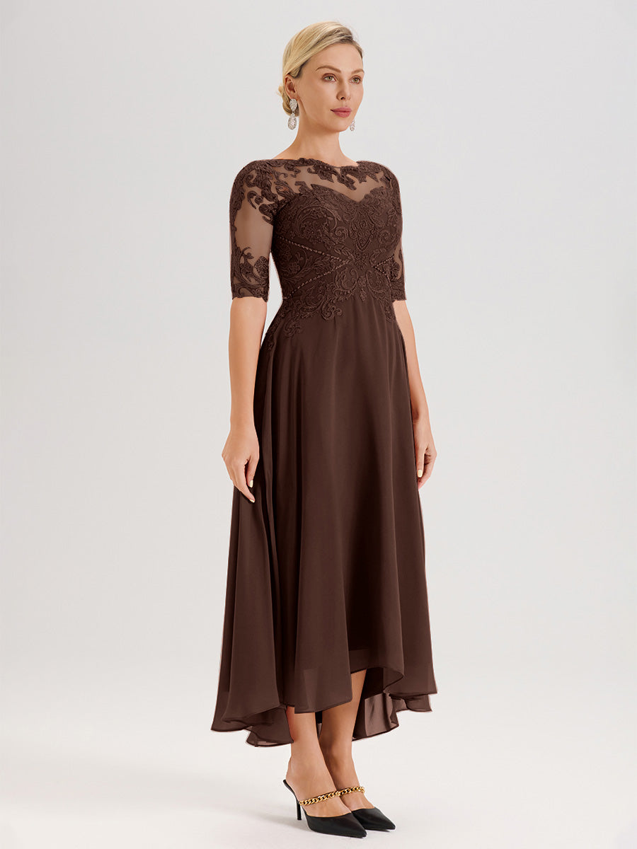 Cicinia Robe Mère Du Marié Chocolat En Mousseline Dentelle Col Rond Demi-Manche Ourlet Irrégulier