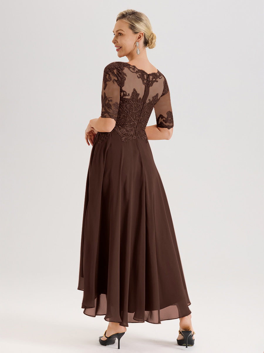 Cicinia Robe Mère Du Marié Chocolat En Mousseline Dentelle Col Rond Demi-Manche Ourlet Irrégulier