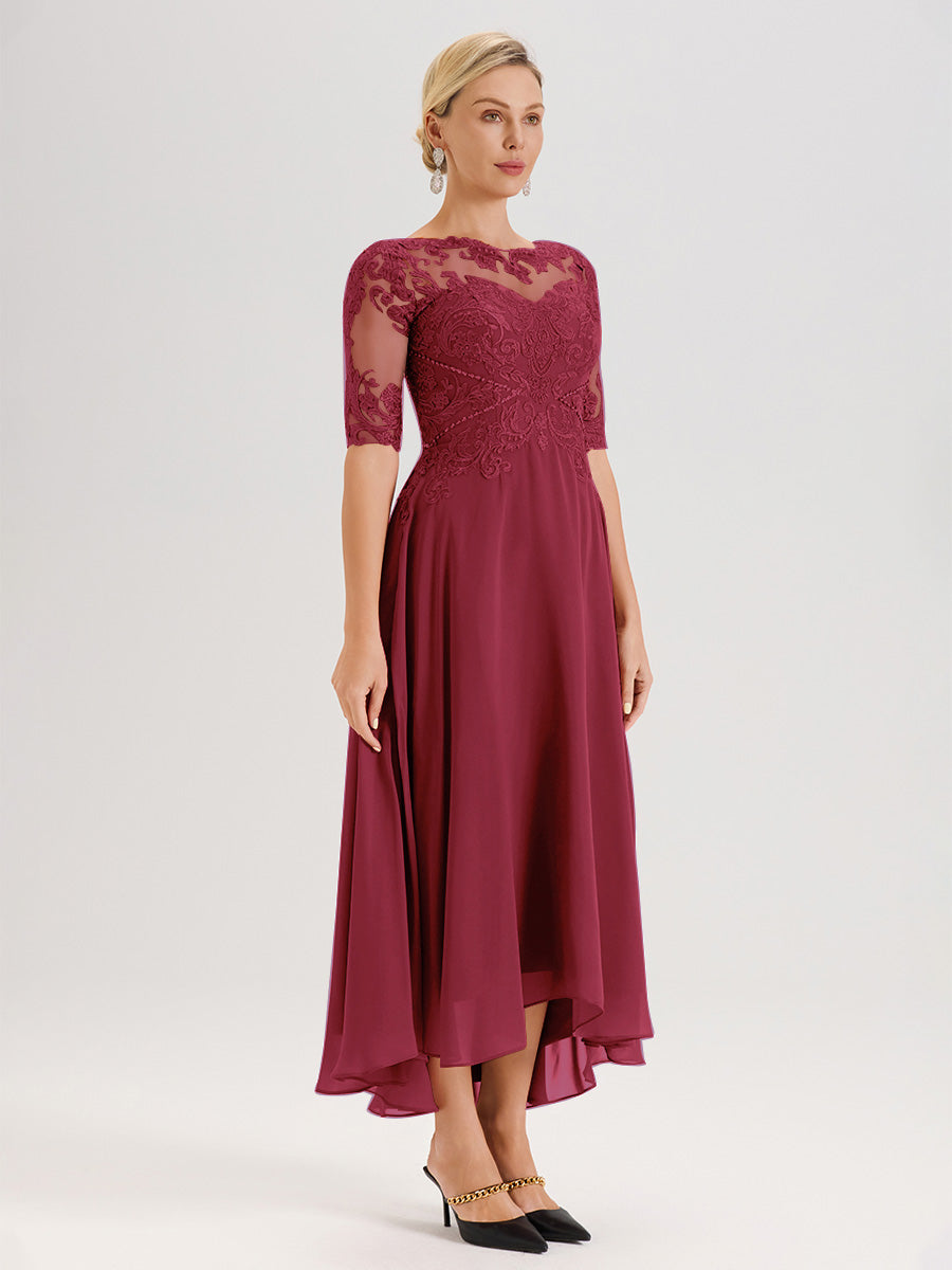 Cicinia Robe Mère Du Marié Couleur Rose Cannelle En Mousseline Dentelle Col Rond Demi-Manche Ourlet Irrégulier