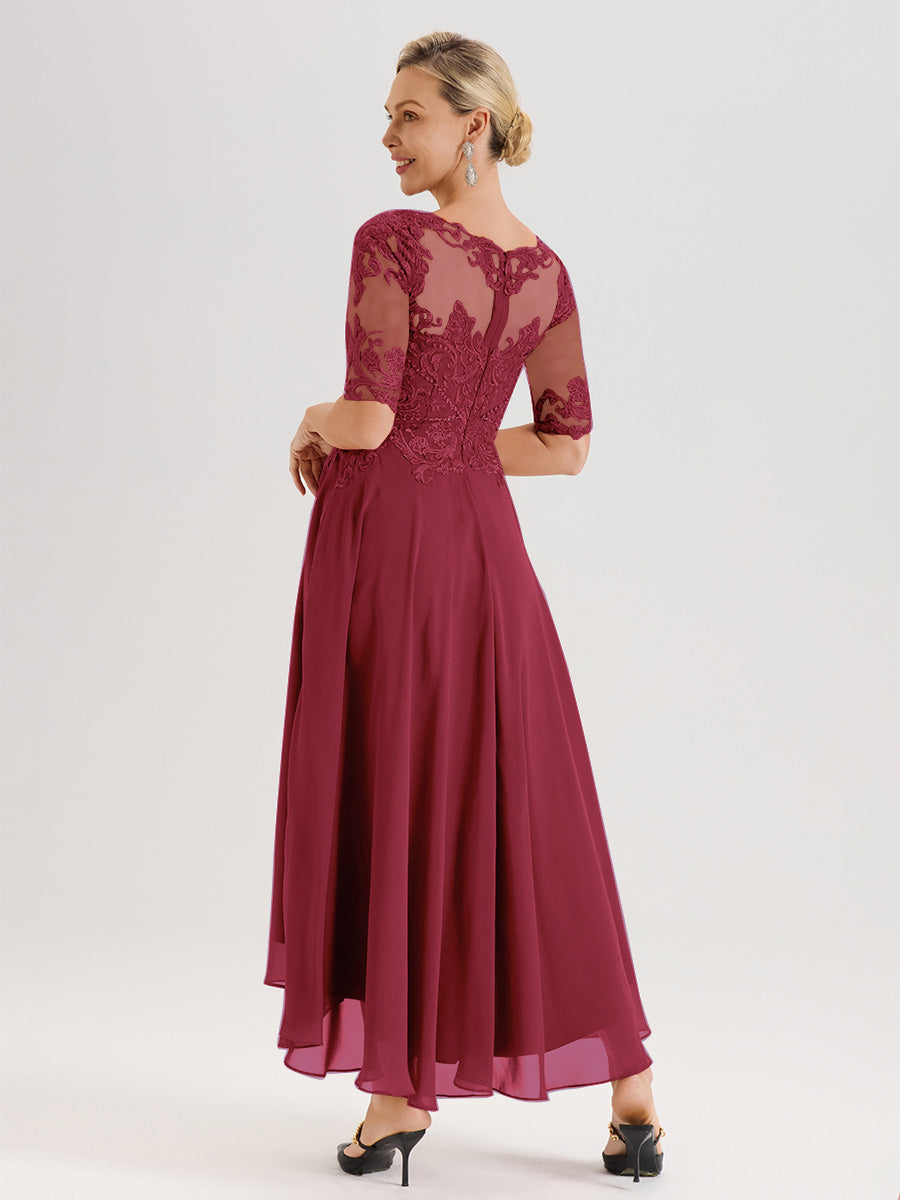 Cicinia Robe Mère Du Marié Couleur Rose Cannelle En Mousseline Dentelle Col Rond Demi-Manche Ourlet Irrégulier