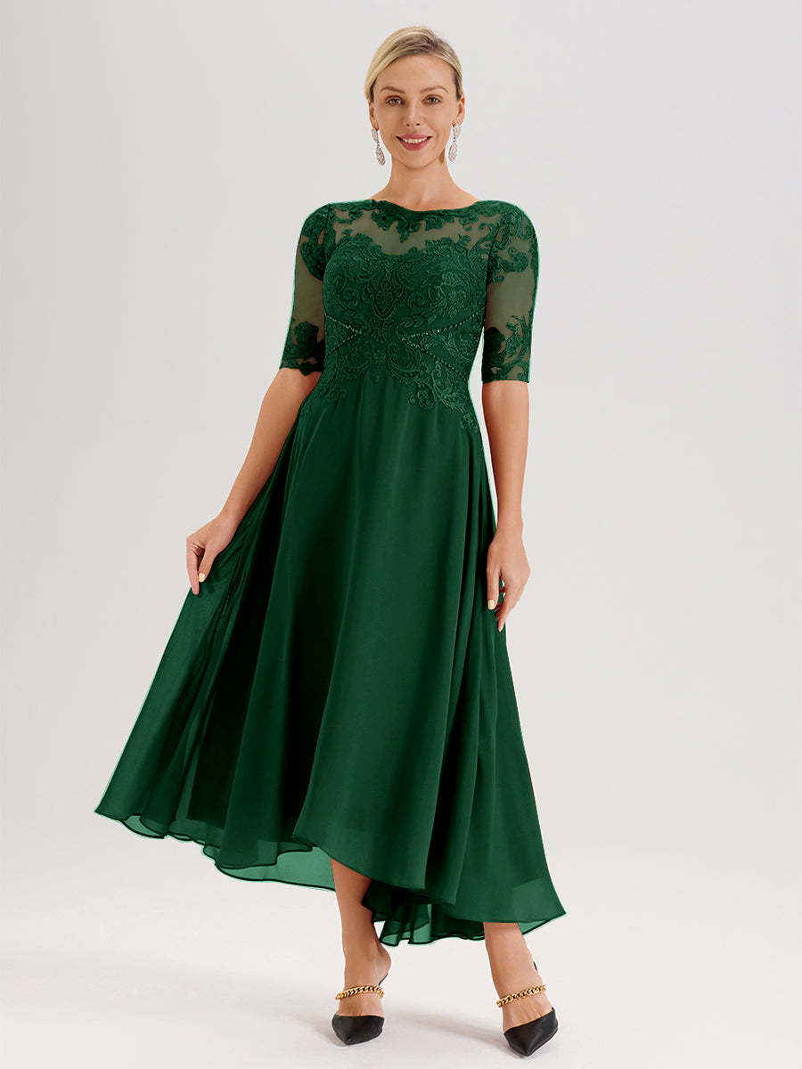 Cicinia Robe Mère Du Marié Vert Foncé En Mousseline Dentelle Col Rond Demi-Manche Ourlet Irrégulier
