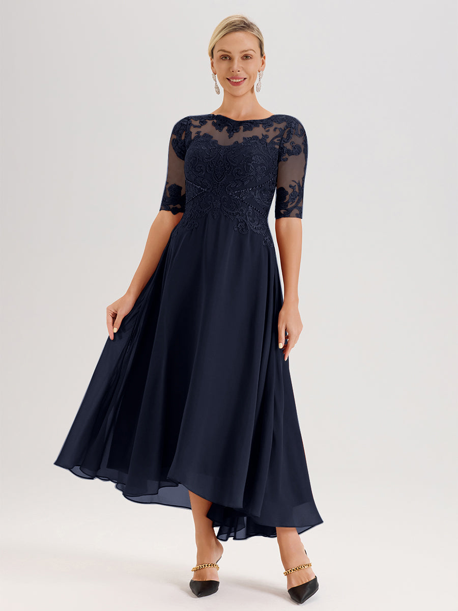 Cicinia Robe Mère Du Marié Bleu Marine En Mousseline Dentelle Col Rond Demi-Manche Ourlet Irrégulier