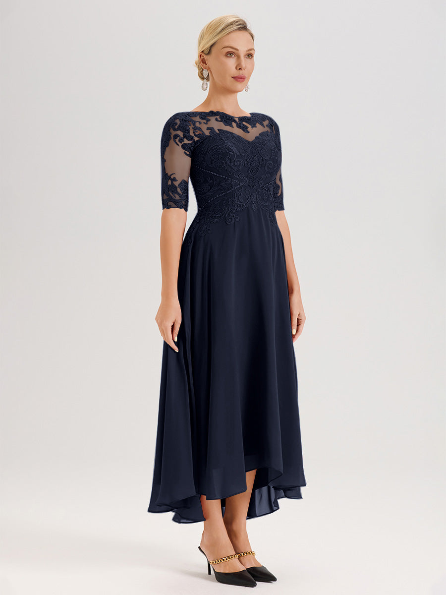 Cicinia Robe Mère Du Marié Bleu Marine En Mousseline Dentelle Col Rond Demi-Manche Ourlet Irrégulier