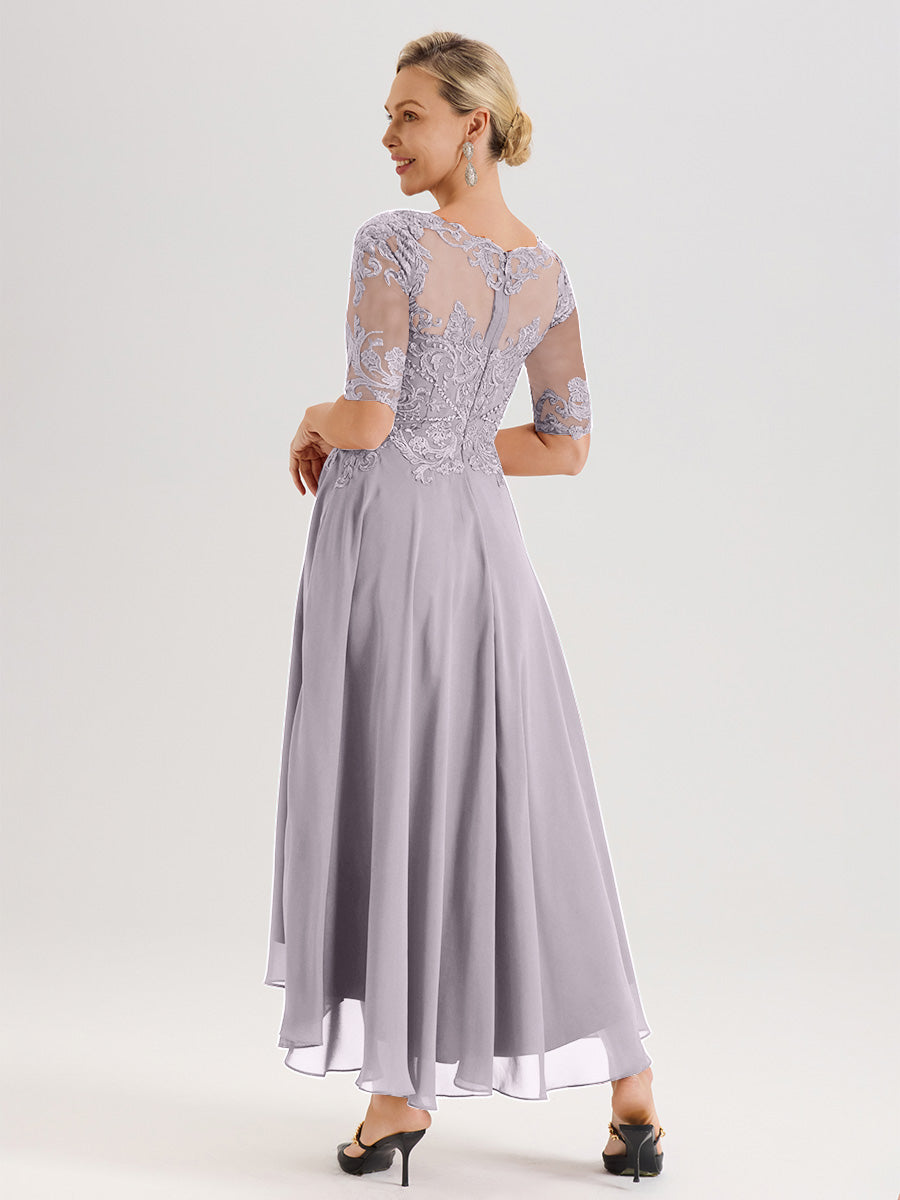 Cicinia Robe Mère Du Marié Couleur Crépuscule En Mousseline Dentelle Col Rond Demi-Manche Ourlet Irrégulier