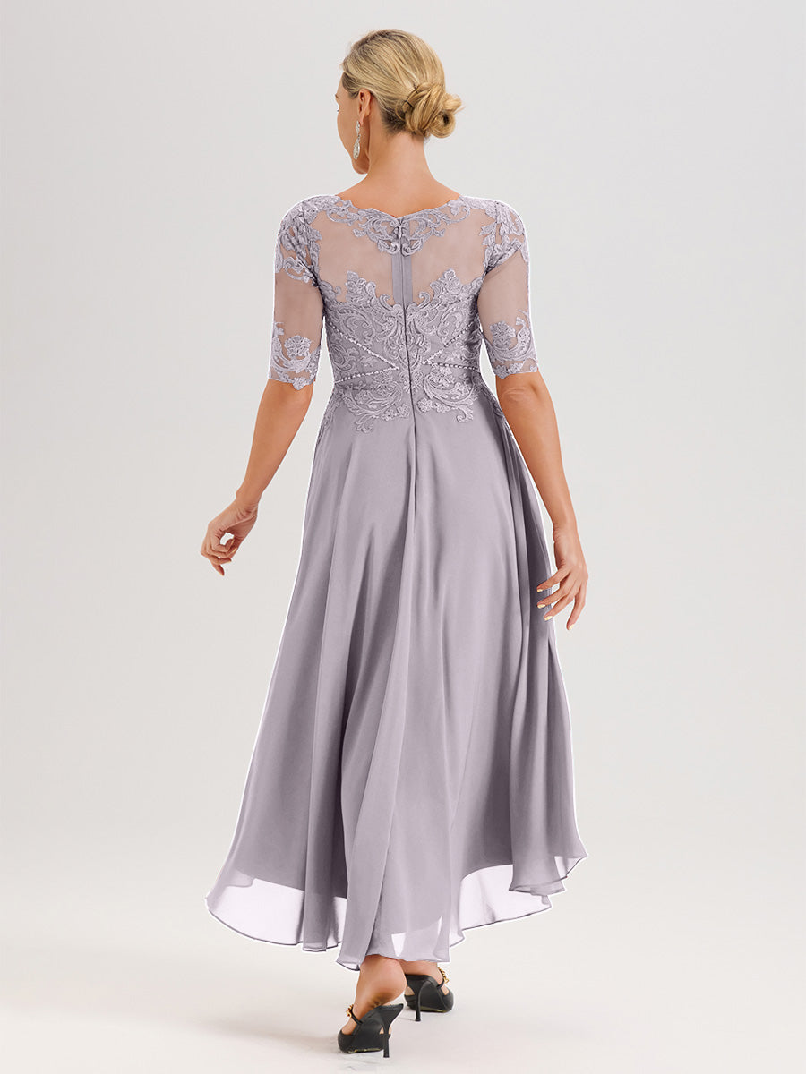 Cicinia Robe Mère Du Marié Couleur Crépuscule En Mousseline Dentelle Col Rond Demi-Manche Ourlet Irrégulier