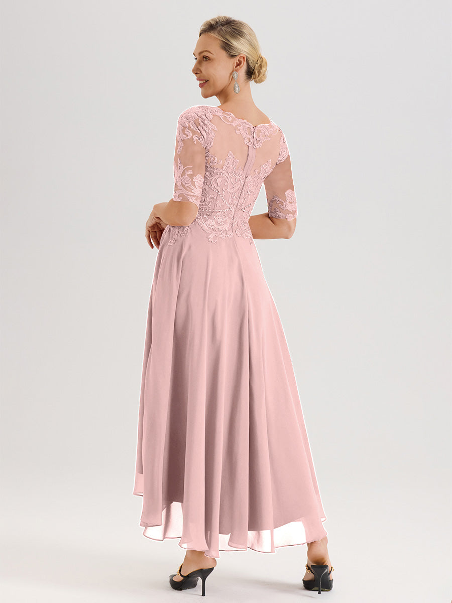 Cicinia Robe Mère Du Marié Rose Poussiéreux En Mousseline Dentelle Col Rond Demi-Manche Ourlet Irrégulier