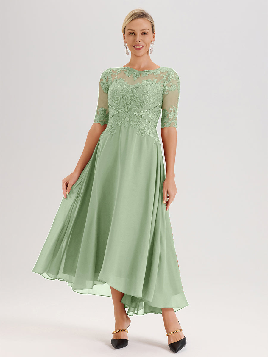 Cicinia Robe Mère Du Marié Sauge Poudre En Mousseline Dentelle Col Rond Demi-Manche Ourlet Irrégulier