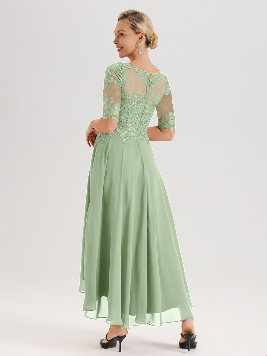Cicinia Robe Mère Du Marié Sauge Poudre En Mousseline Dentelle Col Rond Demi-Manche Ourlet Irrégulier