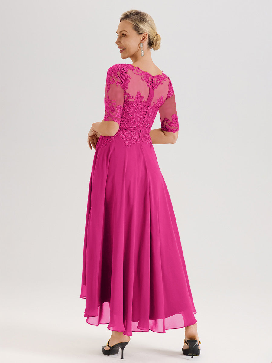 Cicinia Robe Mère Du Marié Fuchsia En Mousseline Dentelle Col Rond Demi-Manche Ourlet Irrégulier