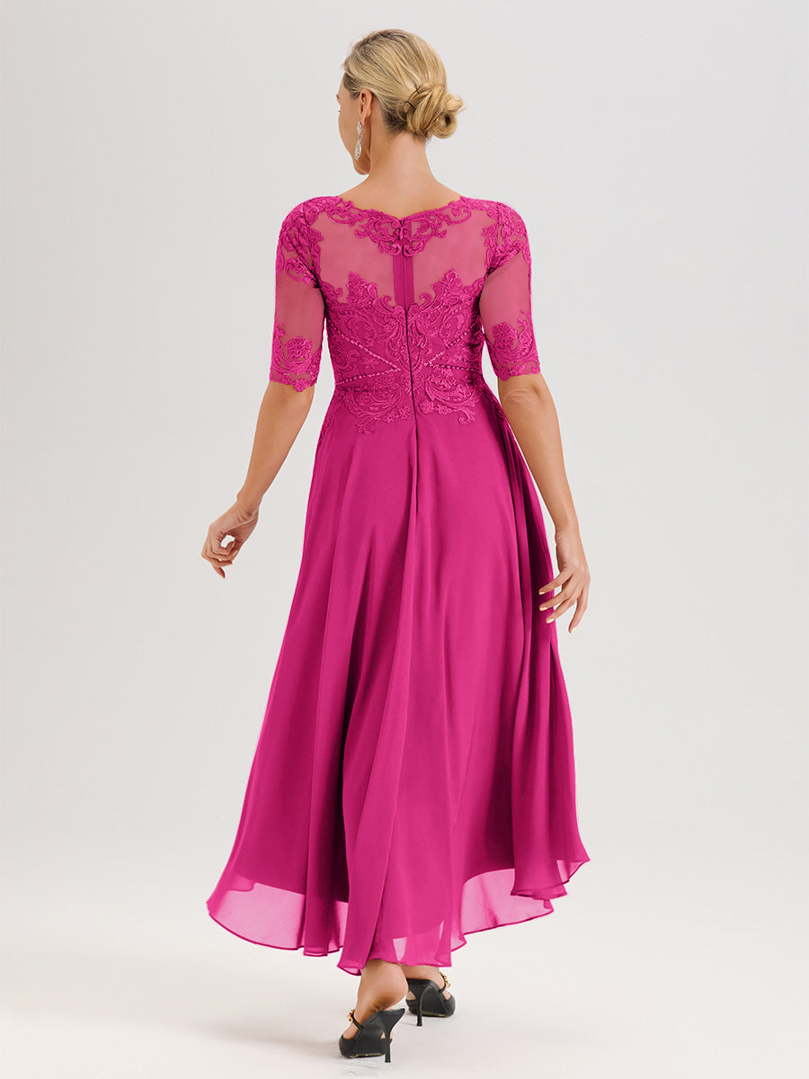 Cicinia Robe Mère Du Marié Fuchsia En Mousseline Dentelle Col Rond Demi-Manche Ourlet Irrégulier