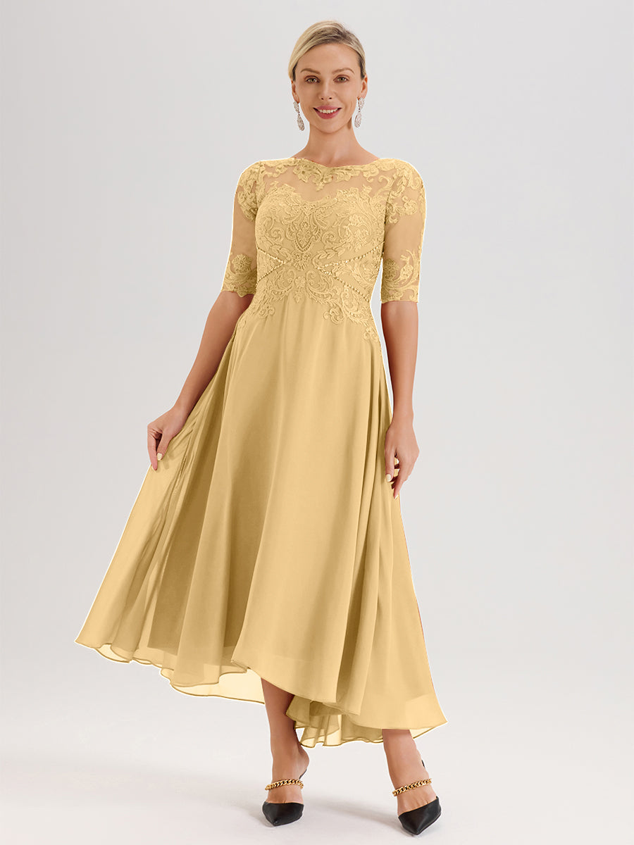 Cicinia Robe Mère Du Marié Dorée En Mousseline Dentelle Col Rond Demi-Manche Ourlet Irrégulier