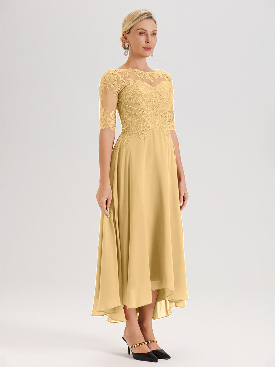 Cicinia Robe Mère Du Marié Dorée En Mousseline Dentelle Col Rond Demi-Manche Ourlet Irrégulier
