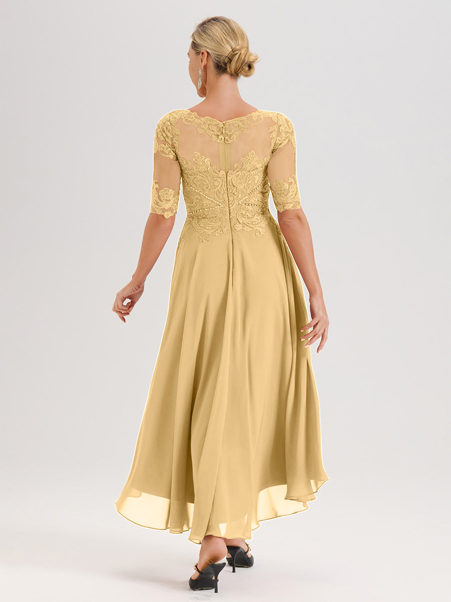 Cicinia Robe Mère Du Marié Dorée En Mousseline Dentelle Col Rond Demi-Manche Ourlet Irrégulier