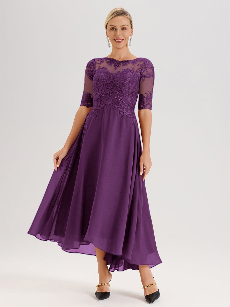 Cicinia Robe Mère Du Marié En Raisin En Mousseline Dentelle Col Rond Demi-Manche Ourlet Irrégulier