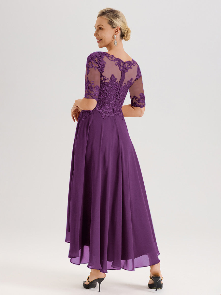 Cicinia Robe Mère Du Marié En Raisin En Mousseline Dentelle Col Rond Demi-Manche Ourlet Irrégulier