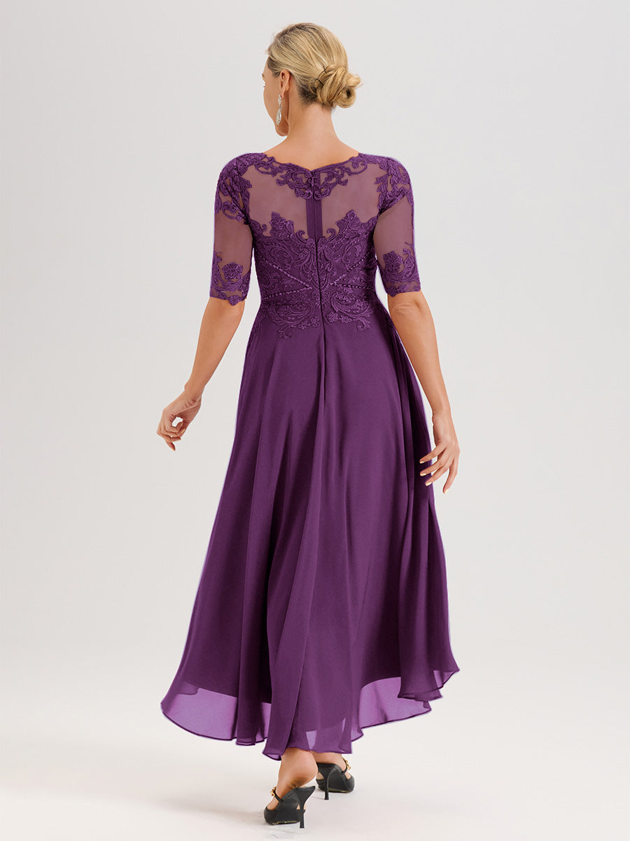 Cicinia Robe Mère Du Marié En Raisin En Mousseline Dentelle Col Rond Demi-Manche Ourlet Irrégulier