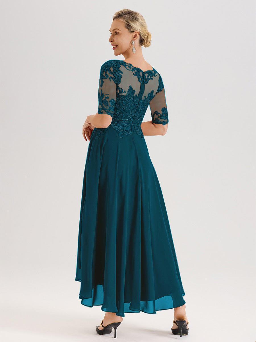 Cicinia Robe Mère Du Marié Bleu Encre En Mousseline Dentelle Col Rond Demi-Manche Ourlet Irrégulier