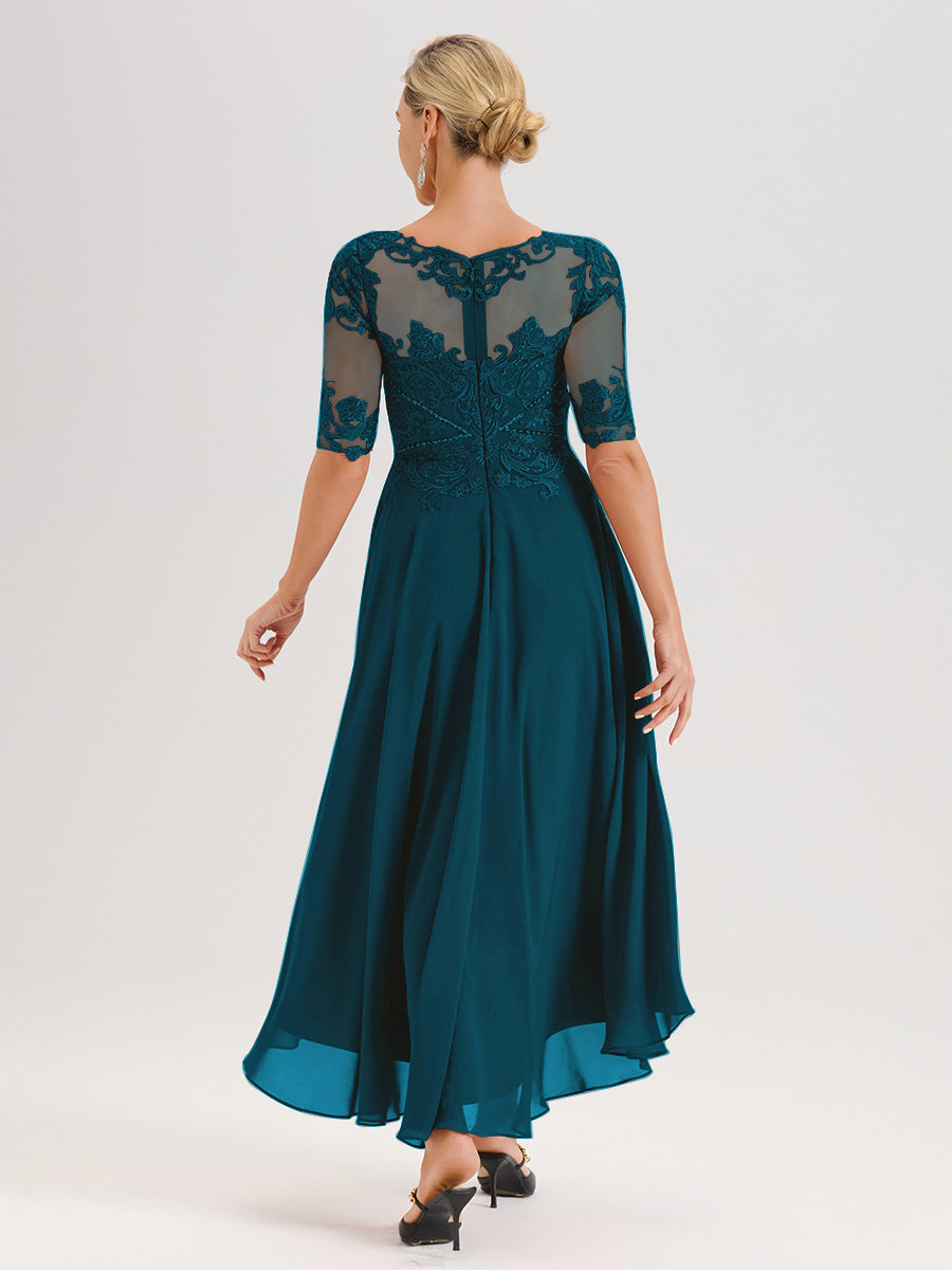 Cicinia Robe Mère Du Marié Bleu Encre En Mousseline Dentelle Col Rond Demi-Manche Ourlet Irrégulier