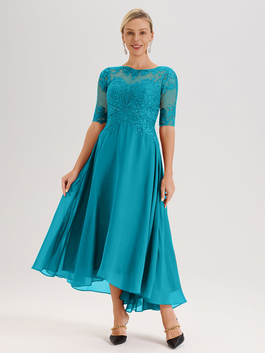 Cicinia Robe Mère Du Marié Vert Jade En Mousseline Dentelle Col Rond Demi-Manche Ourlet Irrégulier