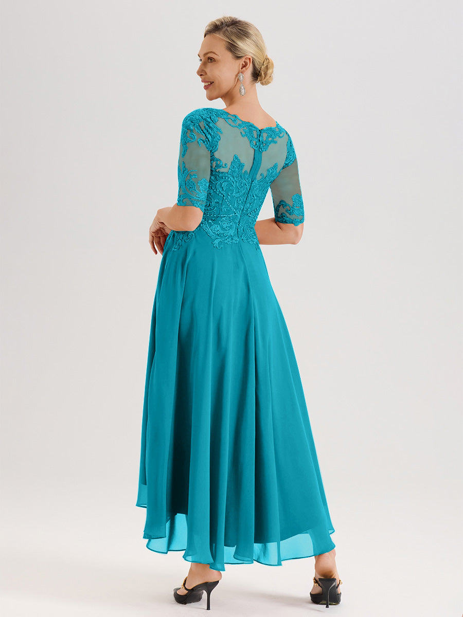Cicinia Robe Mère Du Marié Vert Jade En Mousseline Dentelle Col Rond Demi-Manche Ourlet Irrégulier